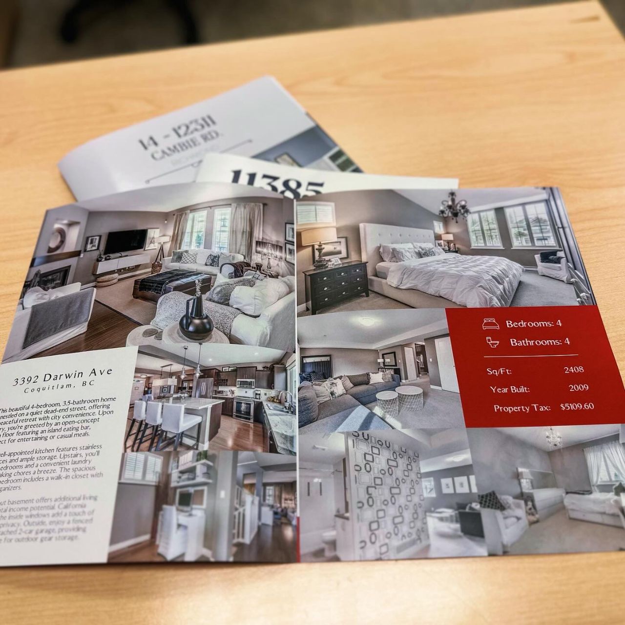 Printed feature sheet spread for 3392 Darwin Ave, Coquitlam